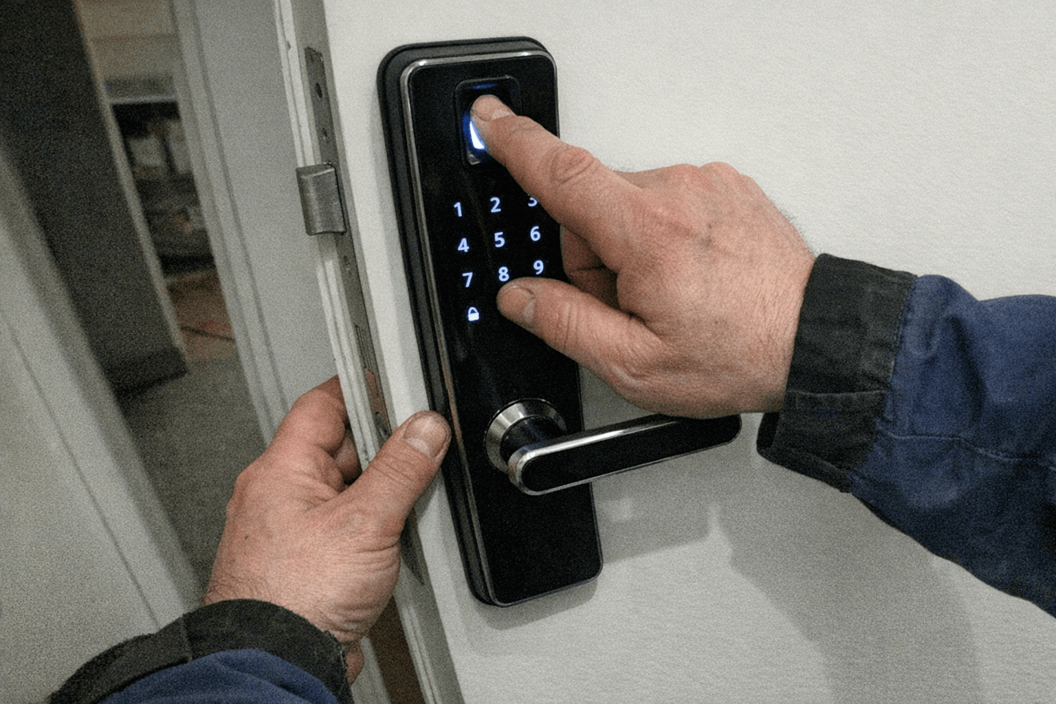 Hand hält ein Smartphone vor ein elektronisches Türmodul, während der Monteur die Abdeckung montiert