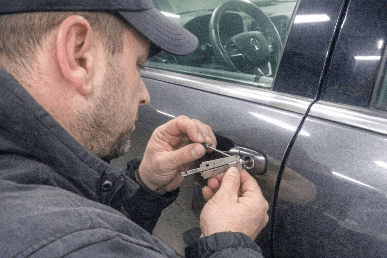 Monteur arbeitet mit feinem Spezialwerkzeug an der Tür eines geparkten Autos bei Tageslicht