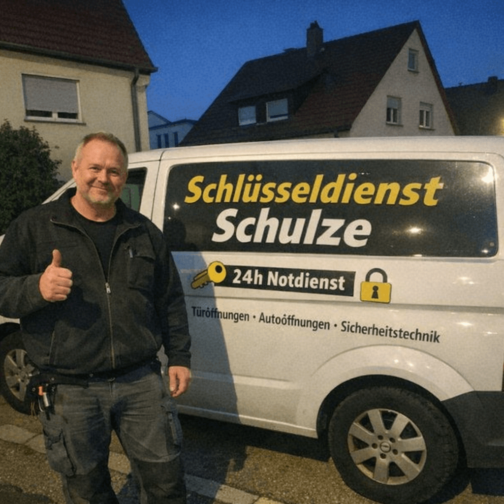 Monteur setzt feines Öffnungswerkzeug am Wohnungstürzylinder an, im Hintergrund ein geöffneter Werkzeugkoffer