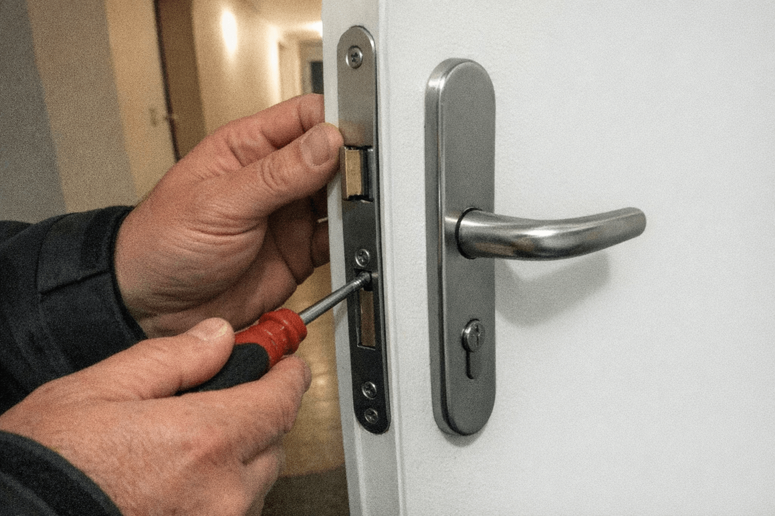 Geöffneter Türbeschlag, der Monteur kontrolliert die Mechanik einer Mehrfachverriegelung mit einem Prüfstift