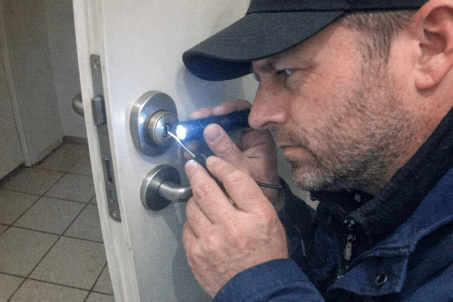 Techniker prüft mit Taschenlampe den Zylinder und den Sitz des Schutzbeschlags an der Tür