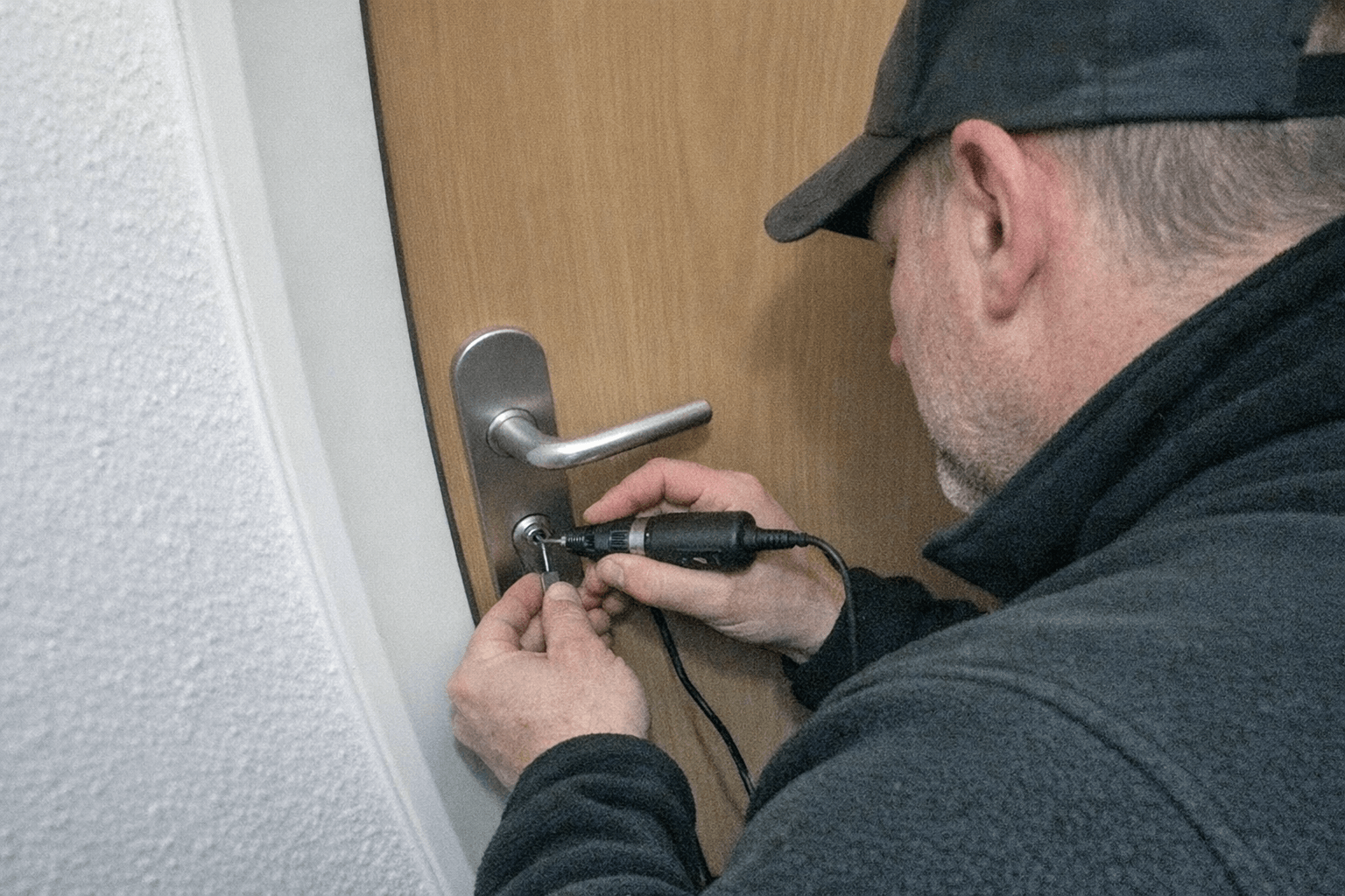 Türinnenseite mit steckendem Schlüssel, daneben Werkzeug zur schonenden Entriegelung